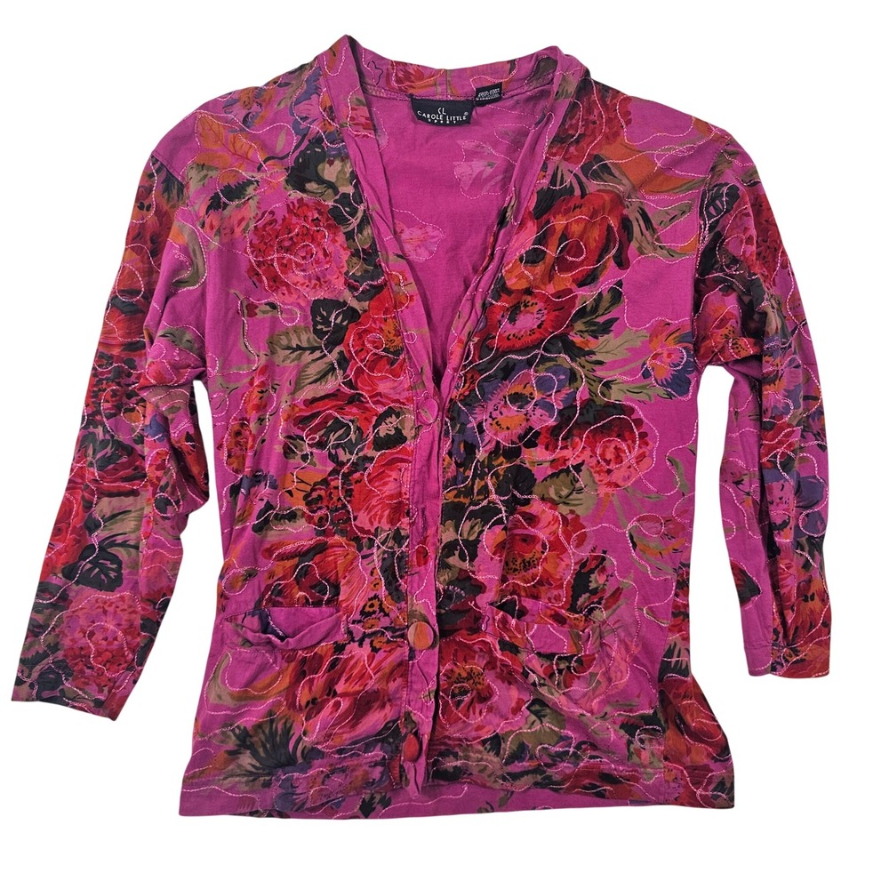 Carole Little Sport Pink Floral Button Up Cardigan Embroidered‎ Cotton Top Large
